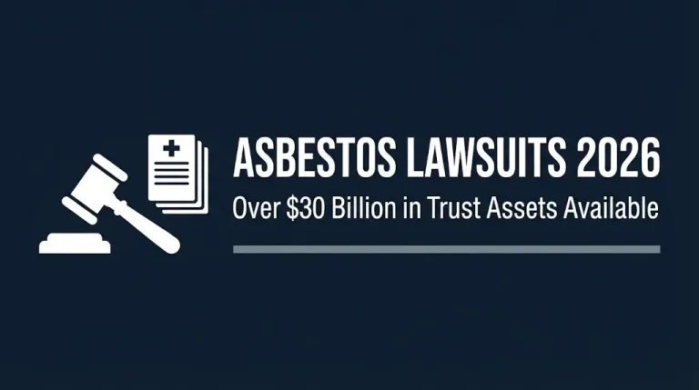 Asbestos lawsuits 2026 banner showing trust fund assets and legal documentation on navy background.