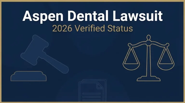 Aspen Dental lawsuit 2026 status banner with legal symbols on navy background