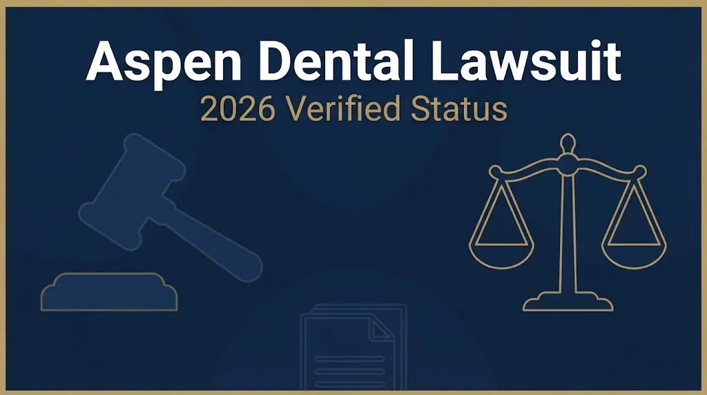 Aspen Dental lawsuit 2026 status banner with legal symbols on navy background