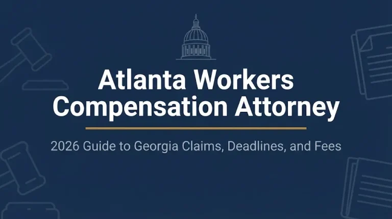 Atlanta workers compensation attorney 2026 Georgia claims guide graphic with legal imagery.
