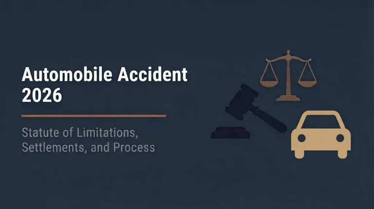 Automobile accident litigation 2026 banner showing statute of limitations and settlement process with legal icons.