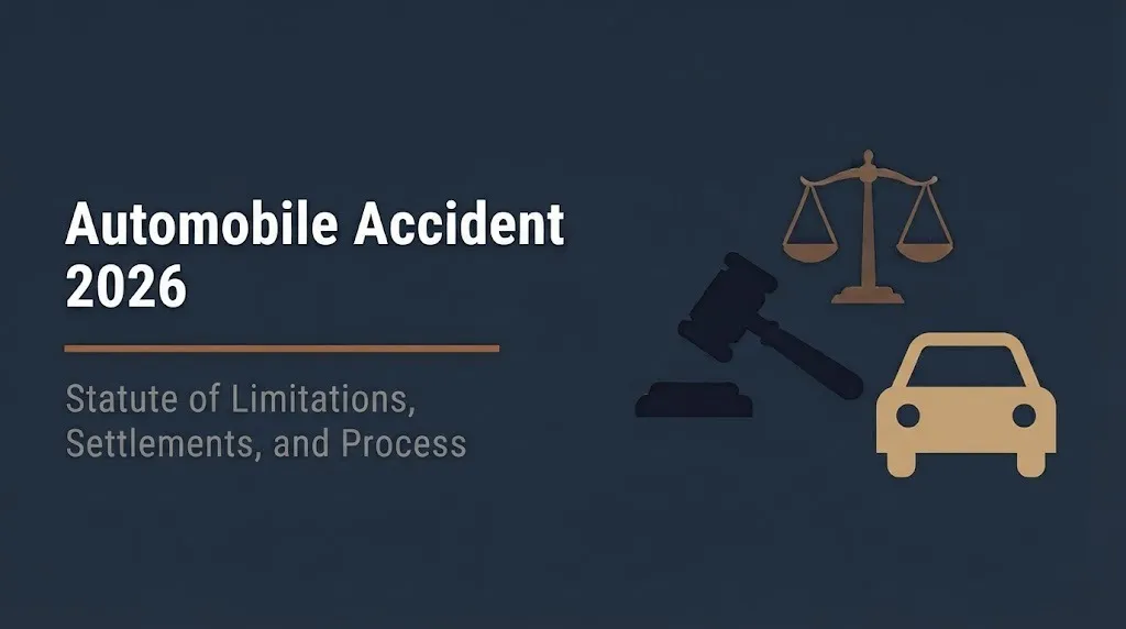 Automobile accident litigation 2026 banner showing statute of limitations and settlement process with legal icons.