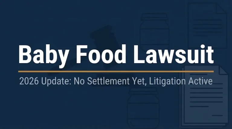Baby food lawsuit 2026 update graphic showing litigation status with no settlement yet.