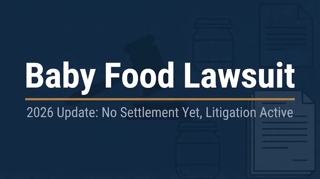 Baby food lawsuit 2026 update graphic showing litigation status with no settlement yet.