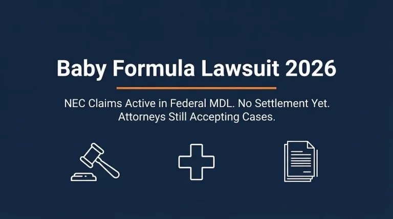 Baby formula lawsuit 2026 banner showing active NEC multidistrict litigation and no settlement yet.