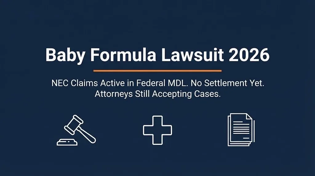 Baby formula lawsuit 2026 banner showing active NEC multidistrict litigation and no settlement yet.