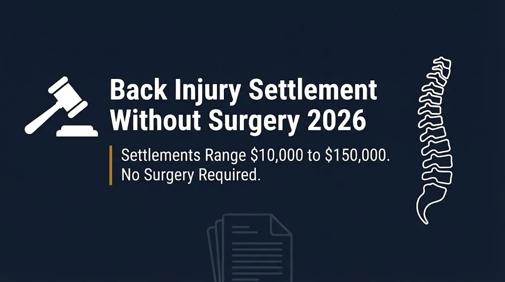 Back injury settlement without surgery 2026 banner showing settlement range and no surgery requirement.