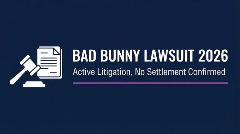 Bad Bunny lawsuit 2026 banner showing active litigation status with gavel and document icons on navy background.