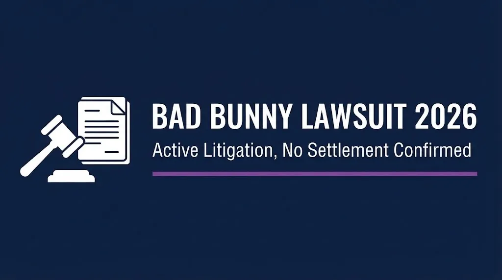 Bad Bunny lawsuit 2026 banner showing active litigation status with gavel and document icons on navy background.