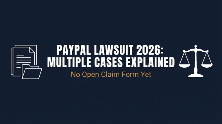 Banner explaining the multiple 2026 PayPal lawsuit cases and noting no consumer claim form is open yet.