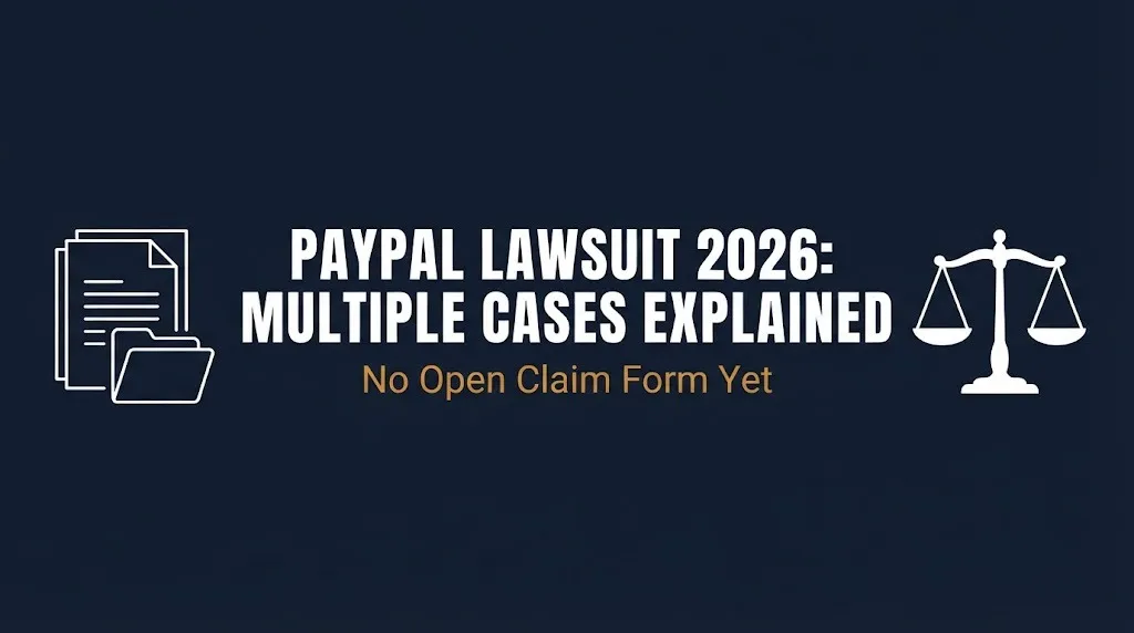 Banner explaining the multiple 2026 PayPal lawsuit cases and noting no consumer claim form is open yet.