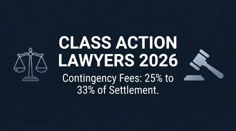 Banner for a 2026 guide to class action lawyers showing typical contingency fee percentages.
