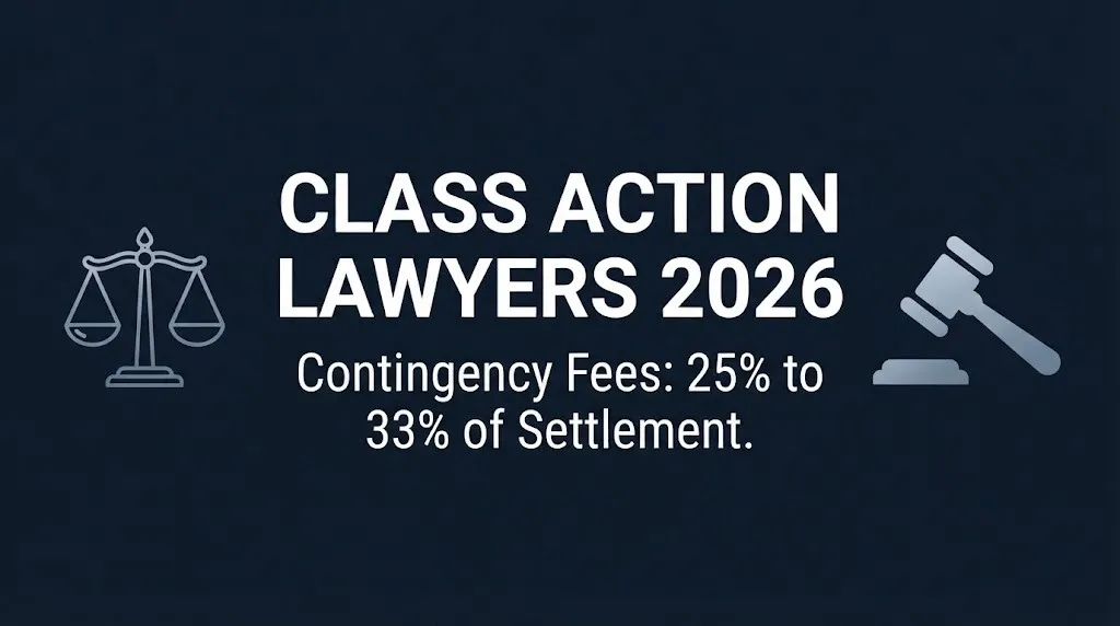 Banner for a 2026 guide to class action lawyers showing typical contingency fee percentages.