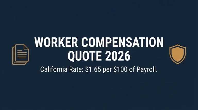 Banner for a 2026 worker compensation quote guide showing California's new payroll insurance rate.