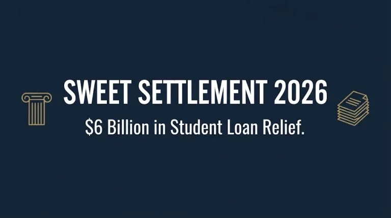 Banner for the 2026 Sweet settlement student loans update showing the total settlement relief figure.