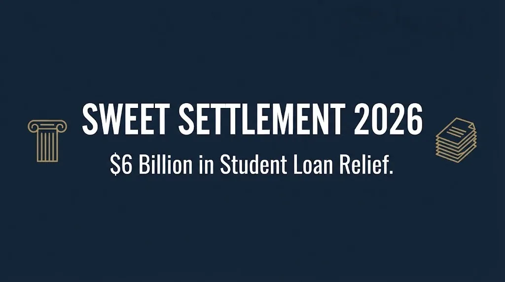 Banner for the 2026 Sweet settlement student loans update showing the total settlement relief figure.