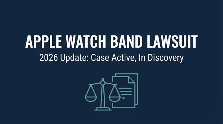 Banner for the Apple Watch band lawsuit 2026 update showing the case is active and in discovery.