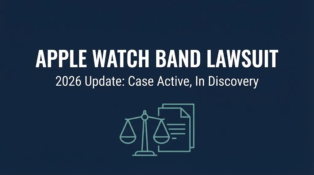 Banner for the Apple Watch band lawsuit 2026 update showing the case is active and in discovery.