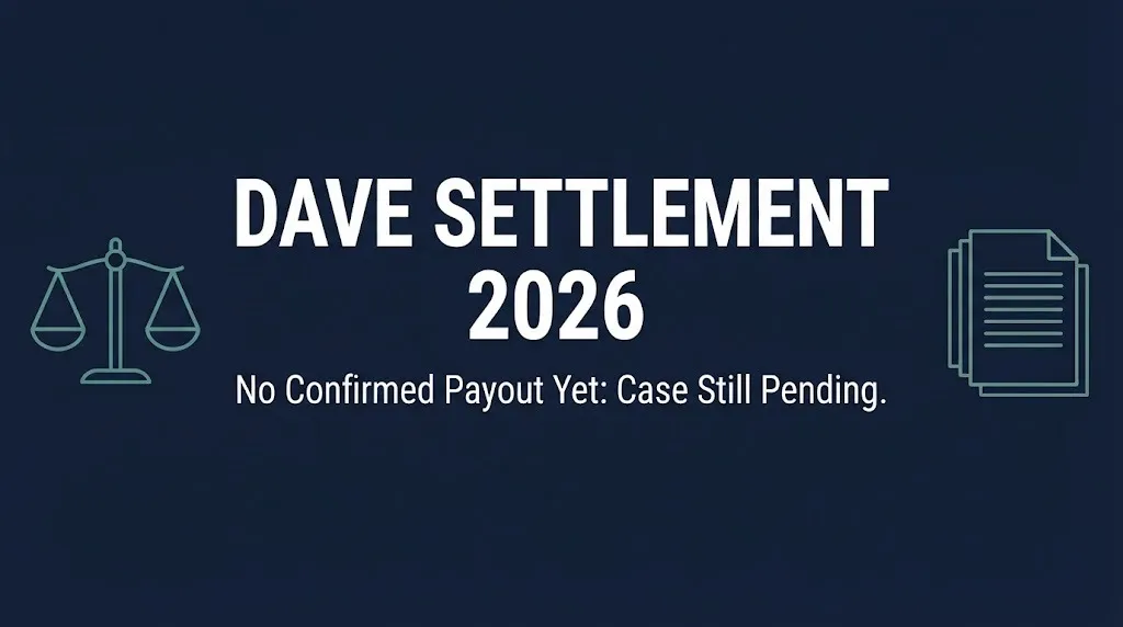 Banner for the Dave settlement 2026 update showing the case is still pending with no confirmed payout.