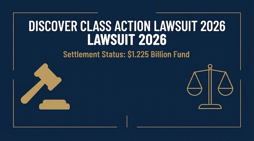 Banner for the Discover class action lawsuit 2026 showing the $1.225 billion settlement fund status.