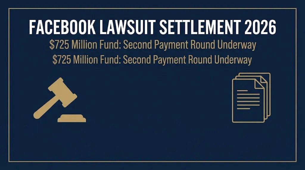 Banner for the Facebook lawsuit settlement 2026 showing the $725 million fund and second payment round.