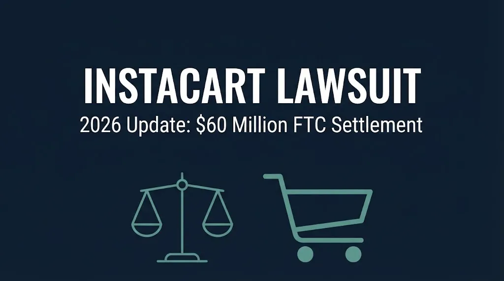 Banner for the Instacart lawsuit 2026 update showing the $60 million FTC settlement status.