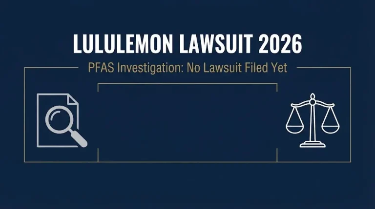 Banner for the Lululemon lawsuit 2026 showing the PFAS investigation status with no lawsuit filed yet.