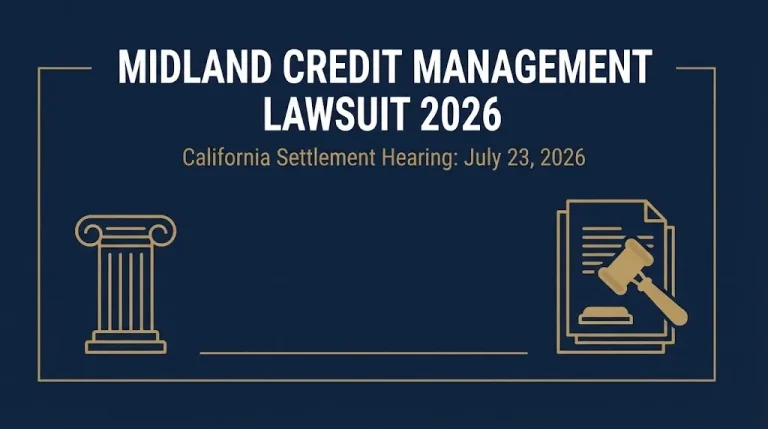 Banner for the Midland Credit Management lawsuit 2026 showing the July 23 settlement hearing date.
