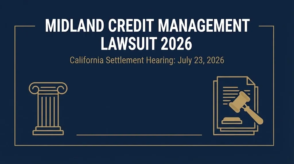 Banner for the Midland Credit Management lawsuit 2026 showing the July 23 settlement hearing date.