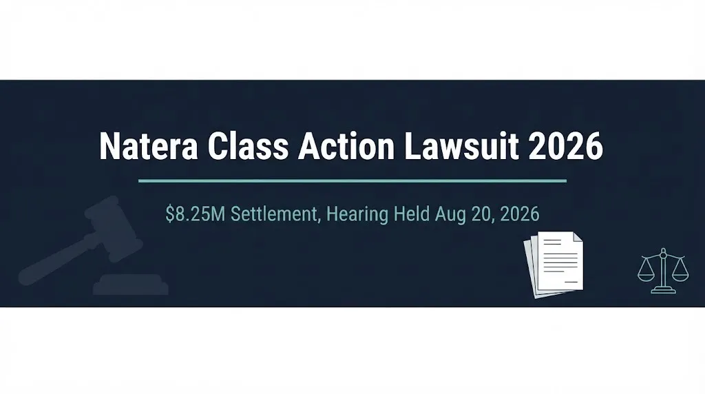 Banner for the Natera class action lawsuit 2026 showing the $8.25 million settlement and August 20 hearing date.