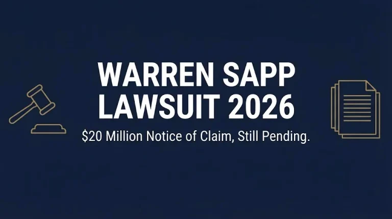 Banner for the Warren Sapp lawsuit 2026 update showing his pending $20 million notice of claim.