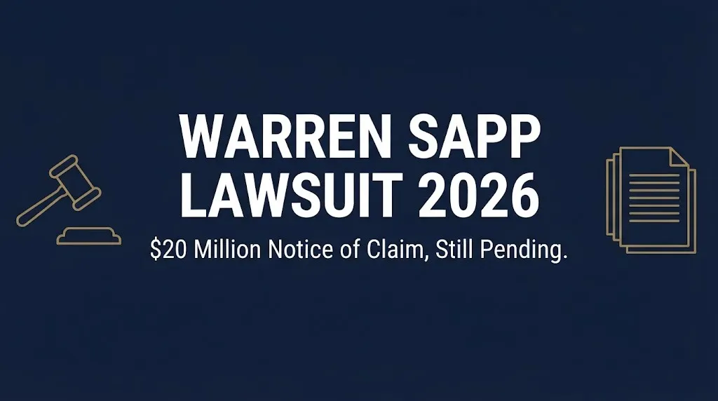 Banner for the Warren Sapp lawsuit 2026 update showing his pending $20 million notice of claim.