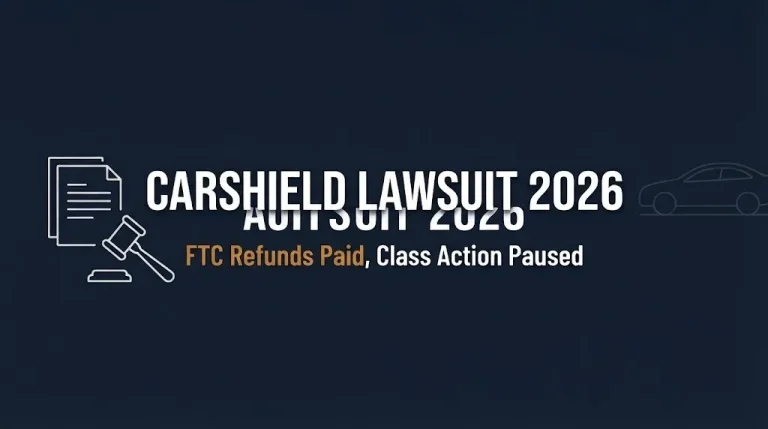 Banner for the carshield lawsuit 2026 update showing FTC refunds paid and the class action now paused.