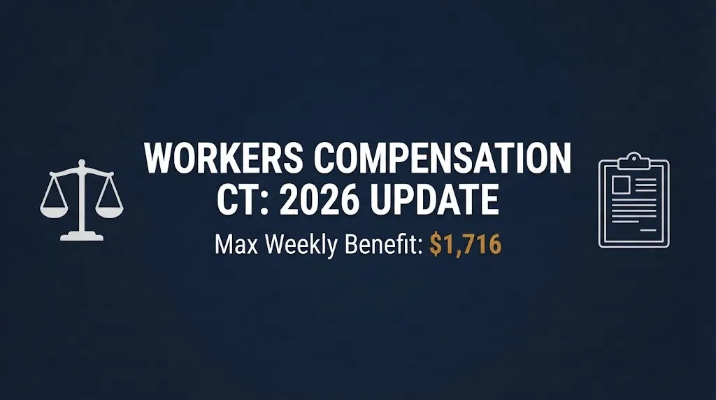 Banner for workers compensation ct 2026 update showing the current maximum weekly benefit of $1,716.