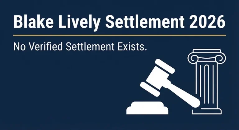 Banner graphic showing Blake Lively settlement 2026 status with no verified settlement confirmed.