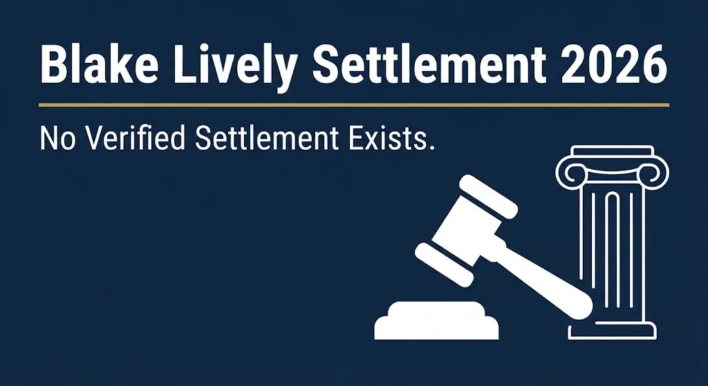 Banner graphic showing Blake Lively settlement 2026 status with no verified settlement confirmed.