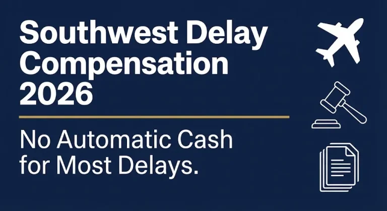 Banner graphic showing Southwest delay compensation 2026 rules with no automatic cash for most delays.