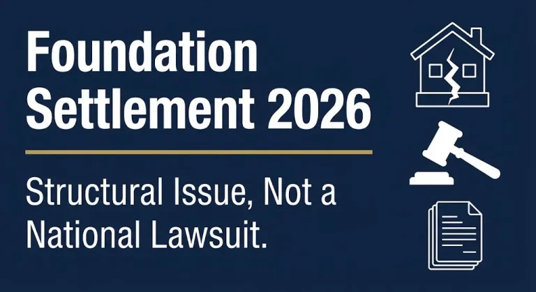 Banner graphic showing foundation settlement 2026 as a structural issue not a national lawsuit.