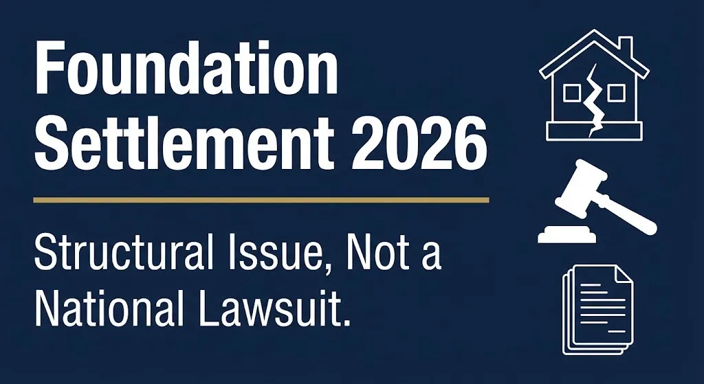 Banner graphic showing foundation settlement 2026 as a structural issue not a national lawsuit.