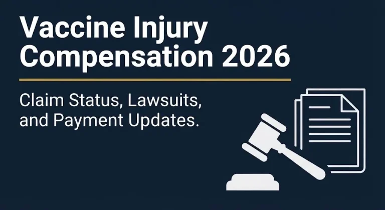 Banner graphic showing vaccine injury compensation 2026 claim status and payment updates with legal symbols.