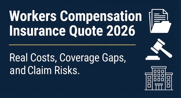 Banner graphic showing workers compensation insurance quote 2026 costs coverage and claim risks.