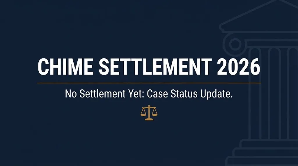 Banner reading Chime settlement 2026 with subheading noting no settlement has been reached yet.