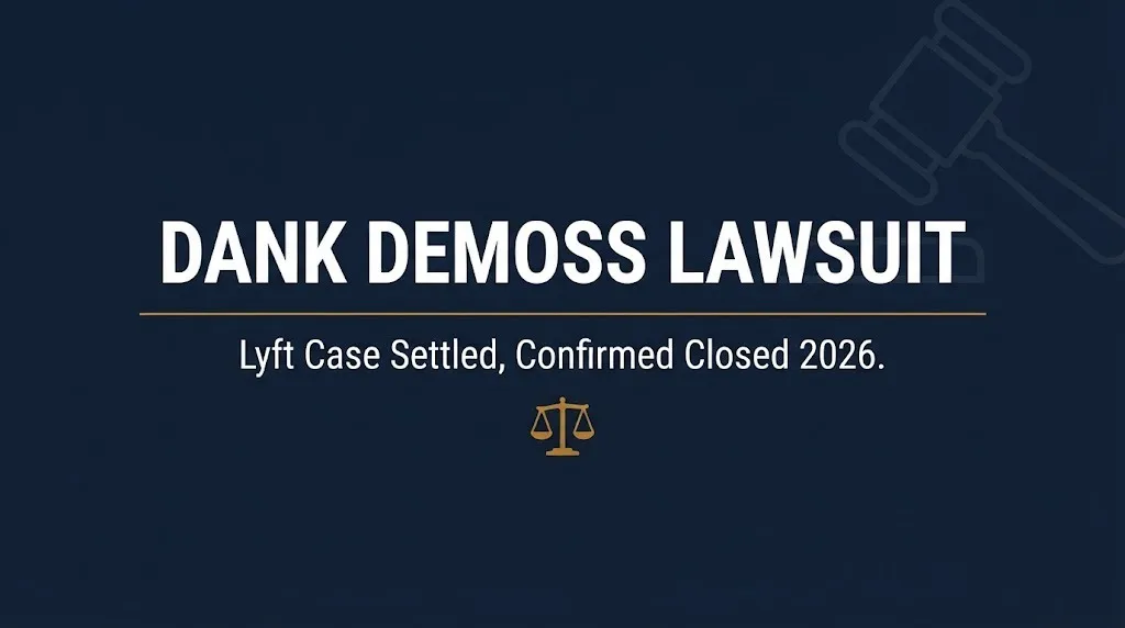 Banner reading Dank Demoss lawsuit with subheading noting the Lyft case settled and is confirmed closed.