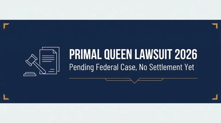 Banner reading Primal Queen lawsuit 2026 pending federal case with no settlement confirmed yet.