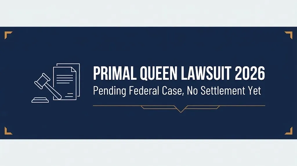 Banner reading Primal Queen lawsuit 2026 pending federal case with no settlement confirmed yet.
