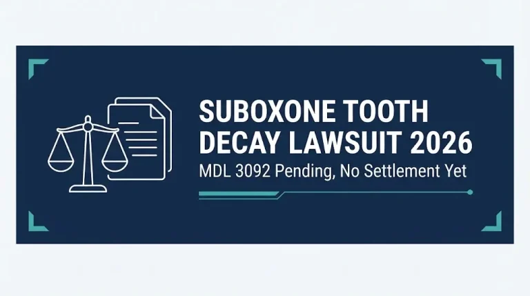 Banner reading Suboxone tooth decay lawsuit 2026 showing MDL 3092 pending with no settlement yet.