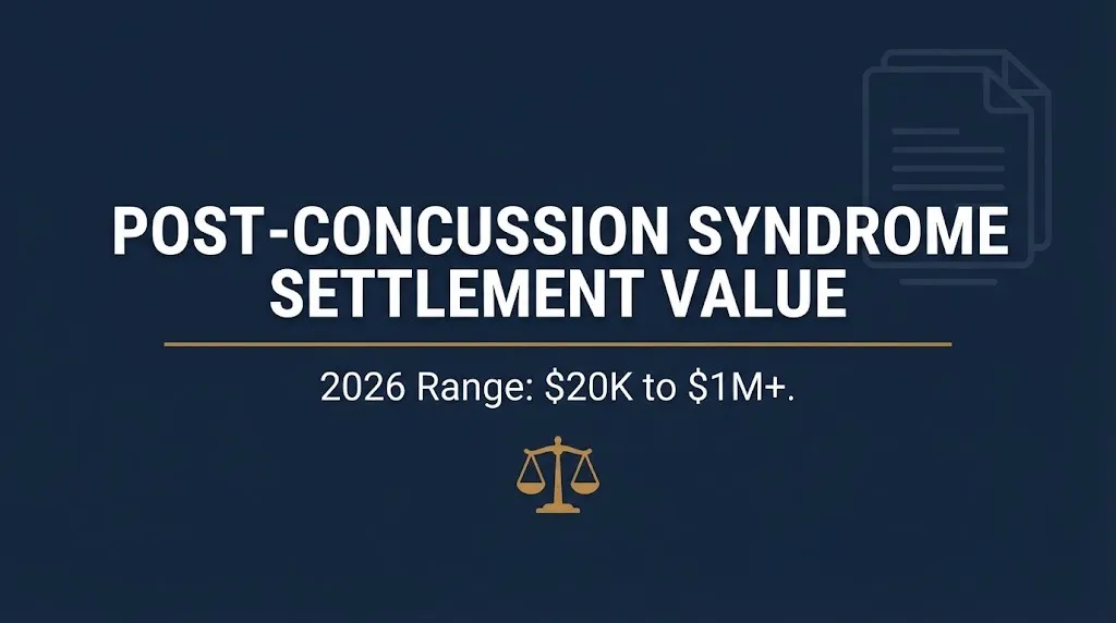 Banner reading post-concussion syndrome settlement value with subheading showing the 2026 reported dollar range.