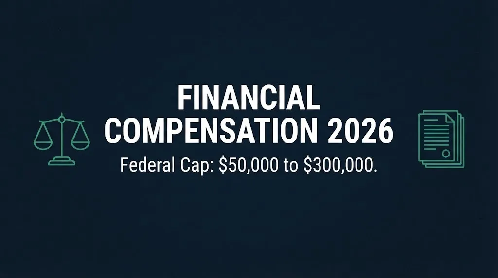 Banner showing 2026 financial compensation caps for employment discrimination cases under federal law.