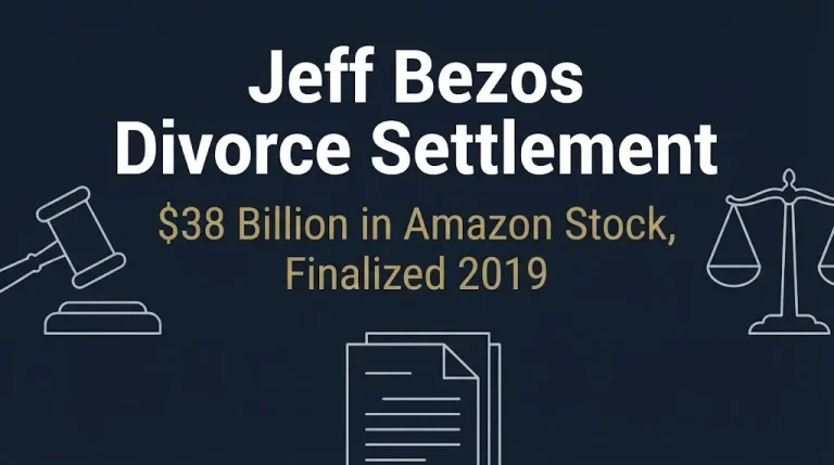 Banner showing Jeff Bezos divorce settlement of 38 billion dollars in Amazon stock with legal icons on navy background.