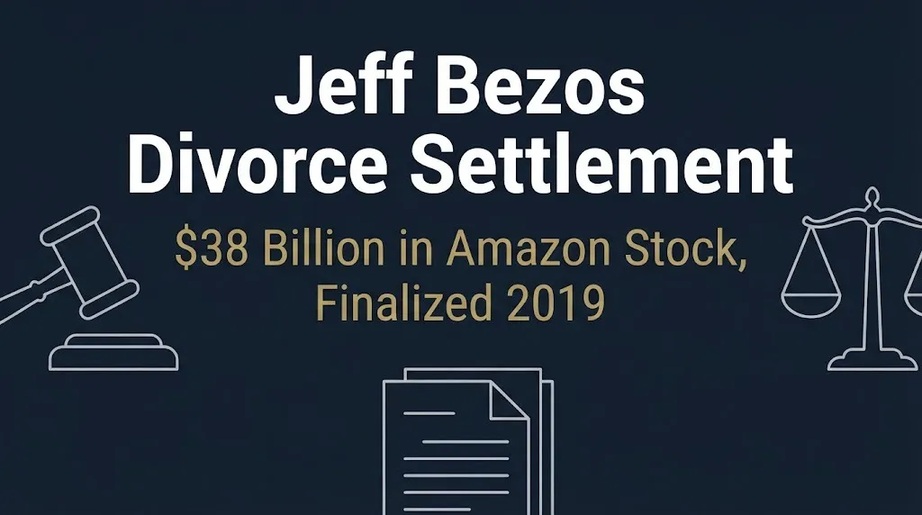 Banner showing Jeff Bezos divorce settlement of 38 billion dollars in Amazon stock with legal icons on navy background.